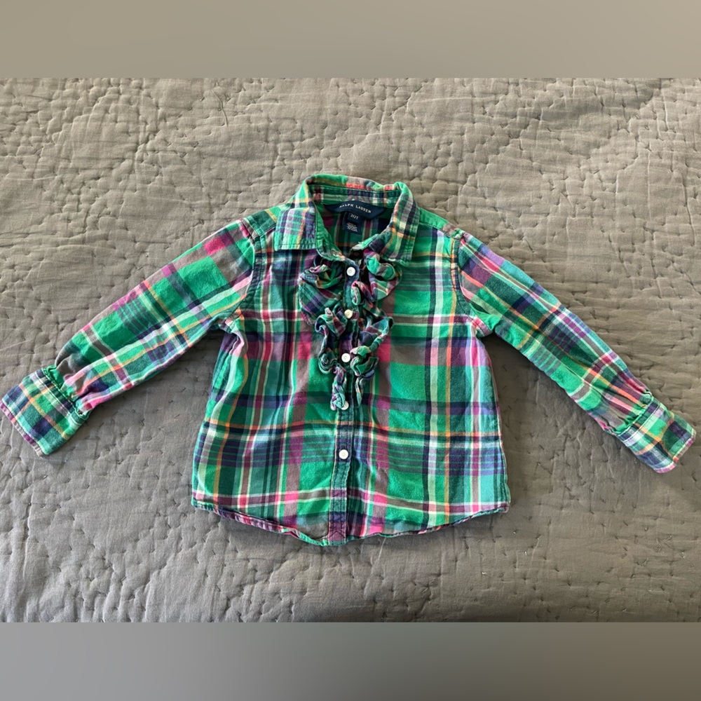 RALPH LAUREN Button Down Shirt Size 2T Green Pink Plaid Ruffle Front Long Sleeve